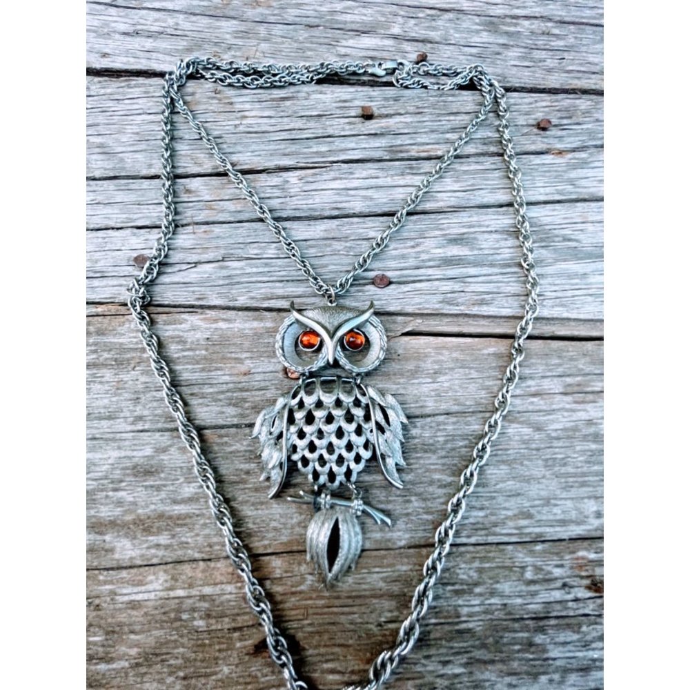 Vintage Large Articulated Owl Pendant Orange Eyes Double Chain